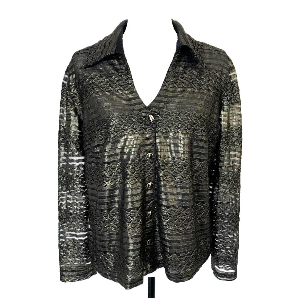 RIBKOFF TRENDS Long Sleeve Button Up Blouse Top Lined Bronze Metallic Size 14?